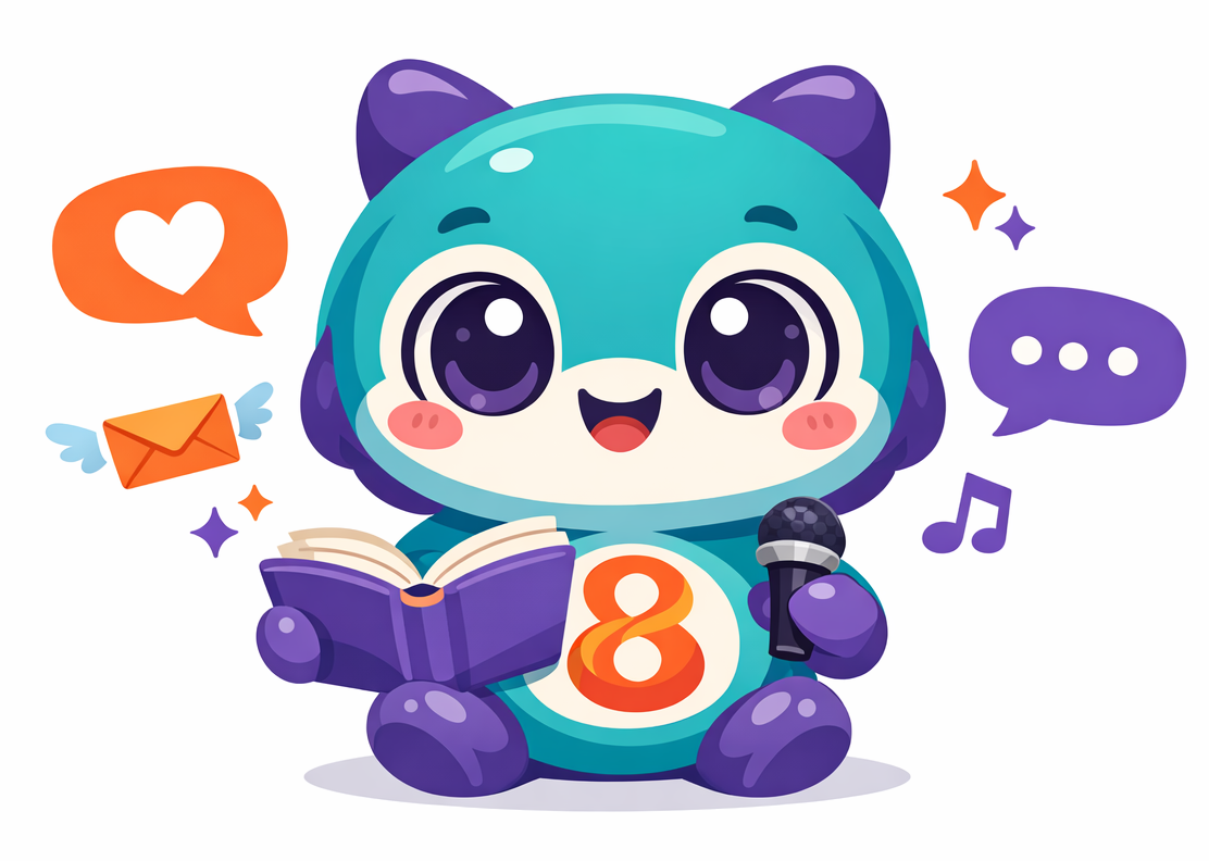8Minds Junior mascot: friendly character with book and microphone